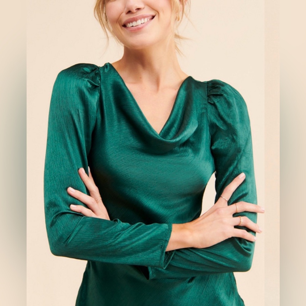 Anthropologie RAHI evening satin dress. Cowl neckline, long sleeves. Green. M - Picture 3 of 14